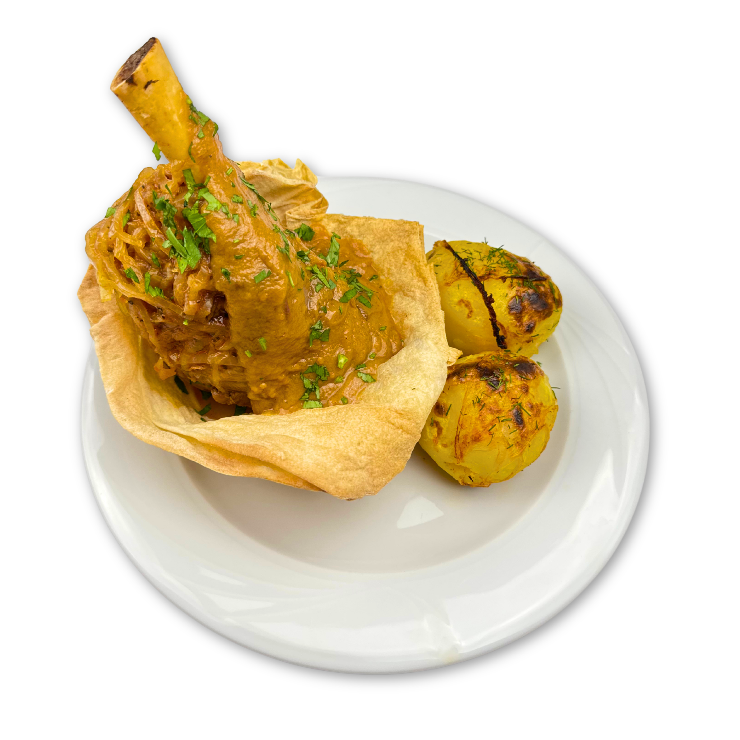 Lammhaxe mit Auberginen, Grünen Bohnen oder Dicken Bohnen